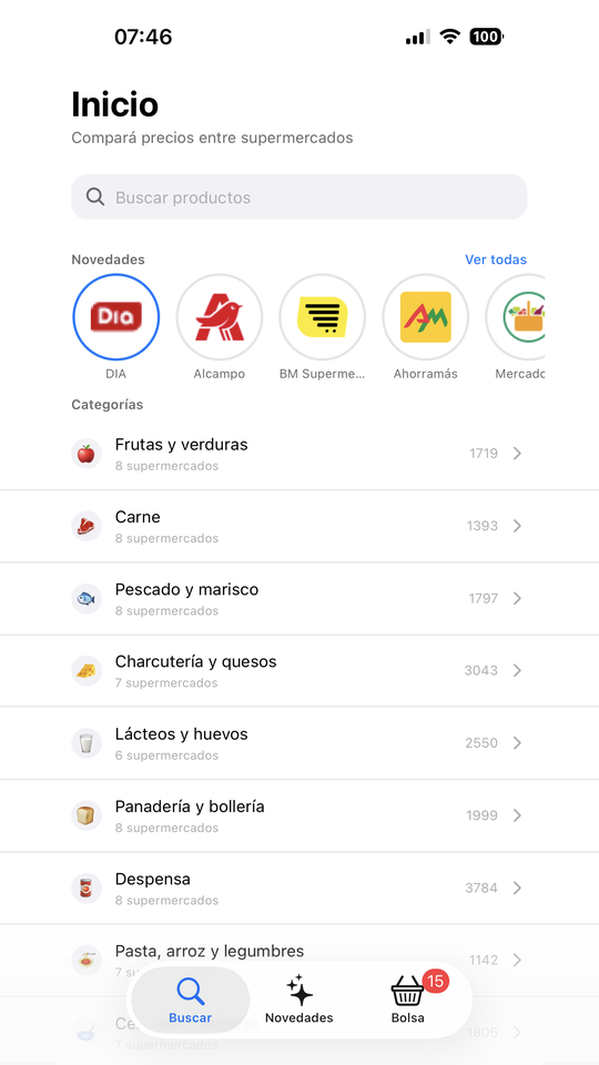Pantalla de inicio con buscador y categorías