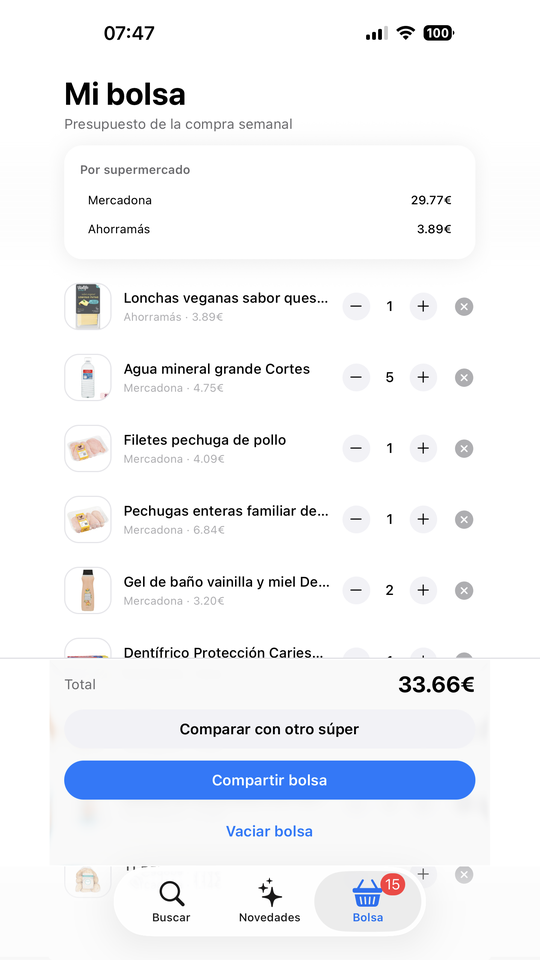 Bolsa de la compra con el total desglosado